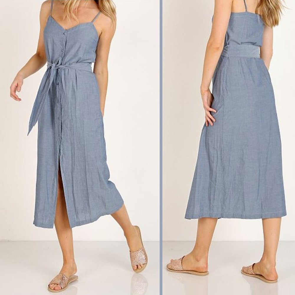 LACAUSA Bluebell Button Down Midi Dress Chambray Blue Medium